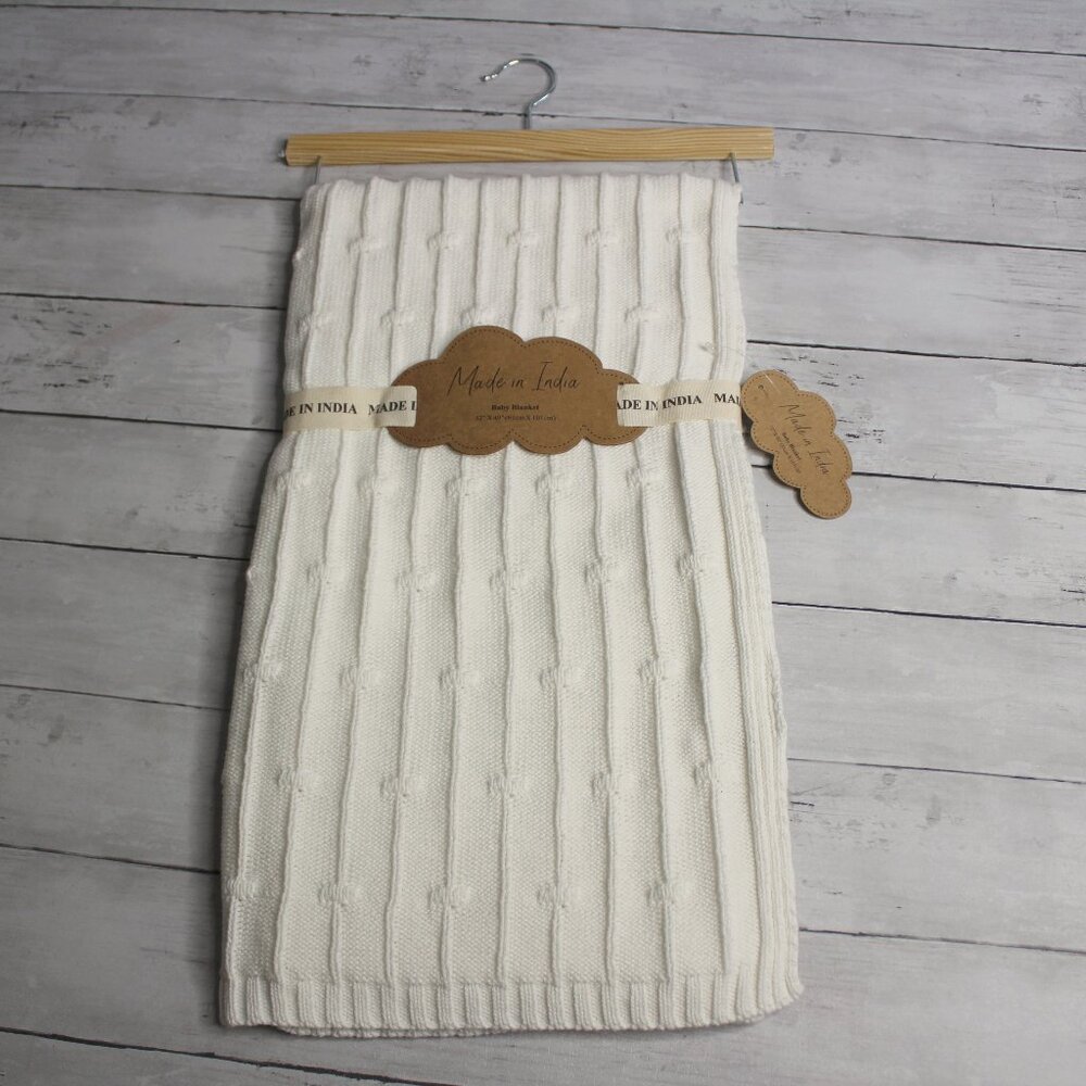 Baby Crib Blanket 40 x 32 in White 100% Cotton Knitted Unisex Girl's Boy